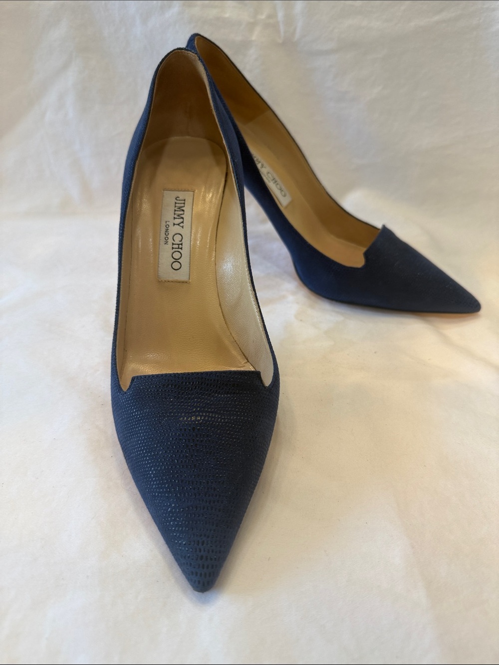 Jimmy Choo Navy Textured Pointed-Toe Pumps